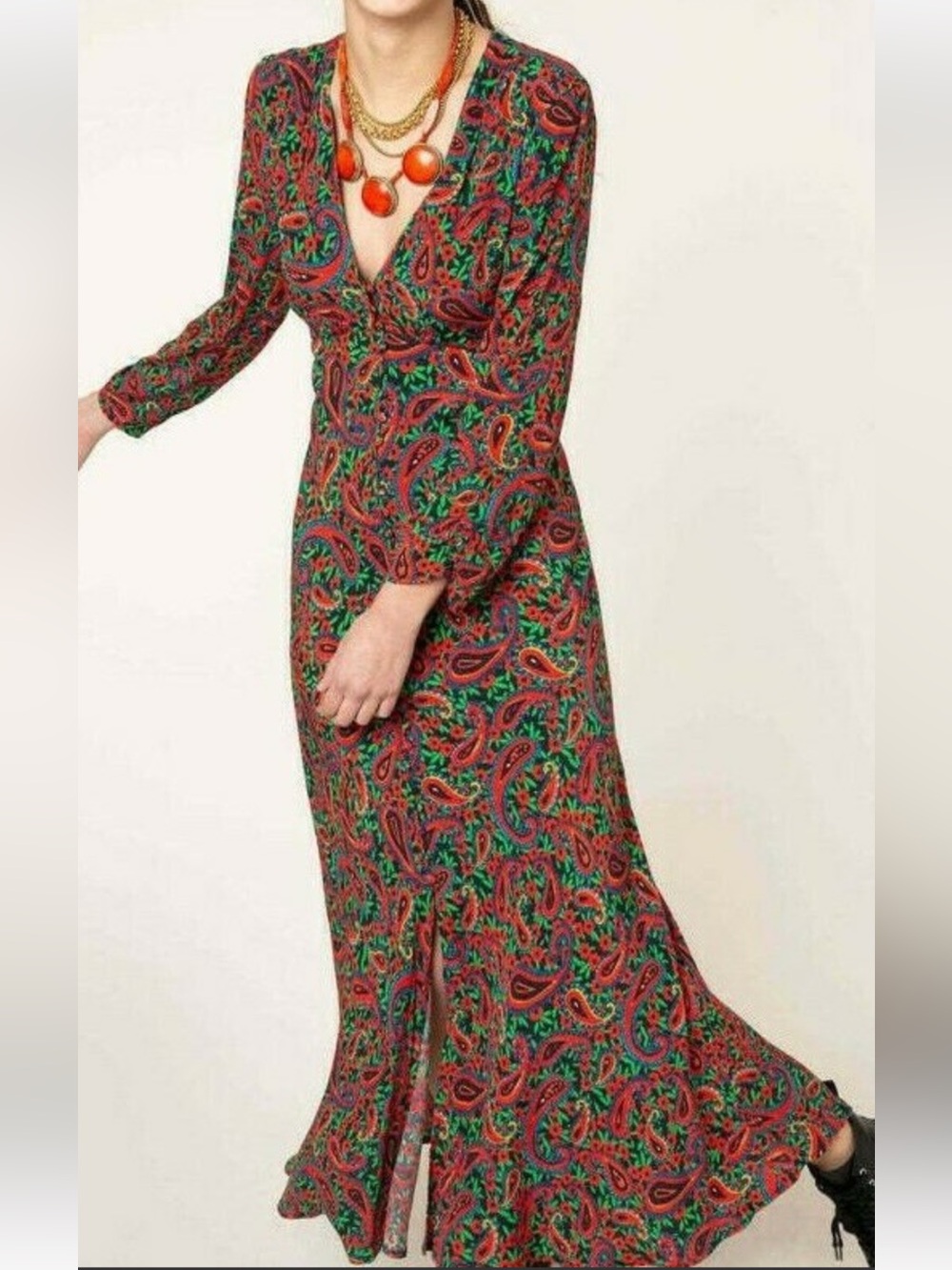RIXO  Red and Green Paisley Wrap-Style Midi Dress